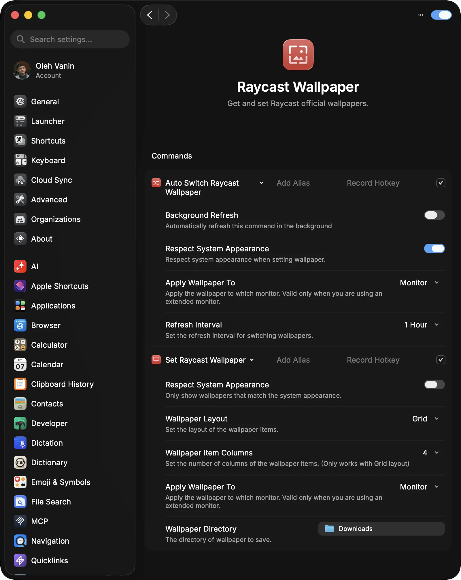Raycast v2 settings for the Set Raycast Wallpaper and Auto Switch Raycast Wallpaper commands