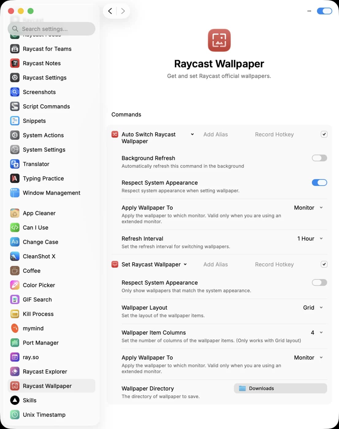 Raycast v2 settings for the Set Raycast Wallpaper and Auto Switch Raycast Wallpaper commands