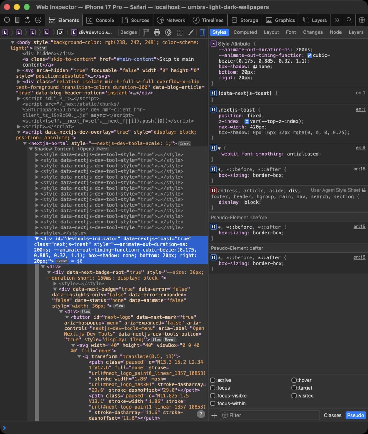 Safari Web Inspector у світлому й темному оформленні, під’єднаний до localhost в iPhone 17 Pro Simulator, з DOM сторінки та обчисленими стилями